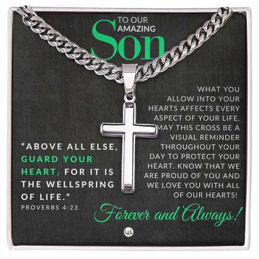 Gift For Our Son - Proverbs 4:23 - Christian Encouragement - Christian Cross Pendant on Men's Chain Necklace - Great for Christmas, His Birthday,  Baptism or Confirmation