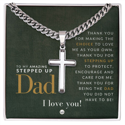 Gift For Your Step Dad - Bonus Dad Gift - Cuban Chain with Artisan Cross Necklace - Christian Jewelry For Him For Father's Day, Christmas or His Birthday