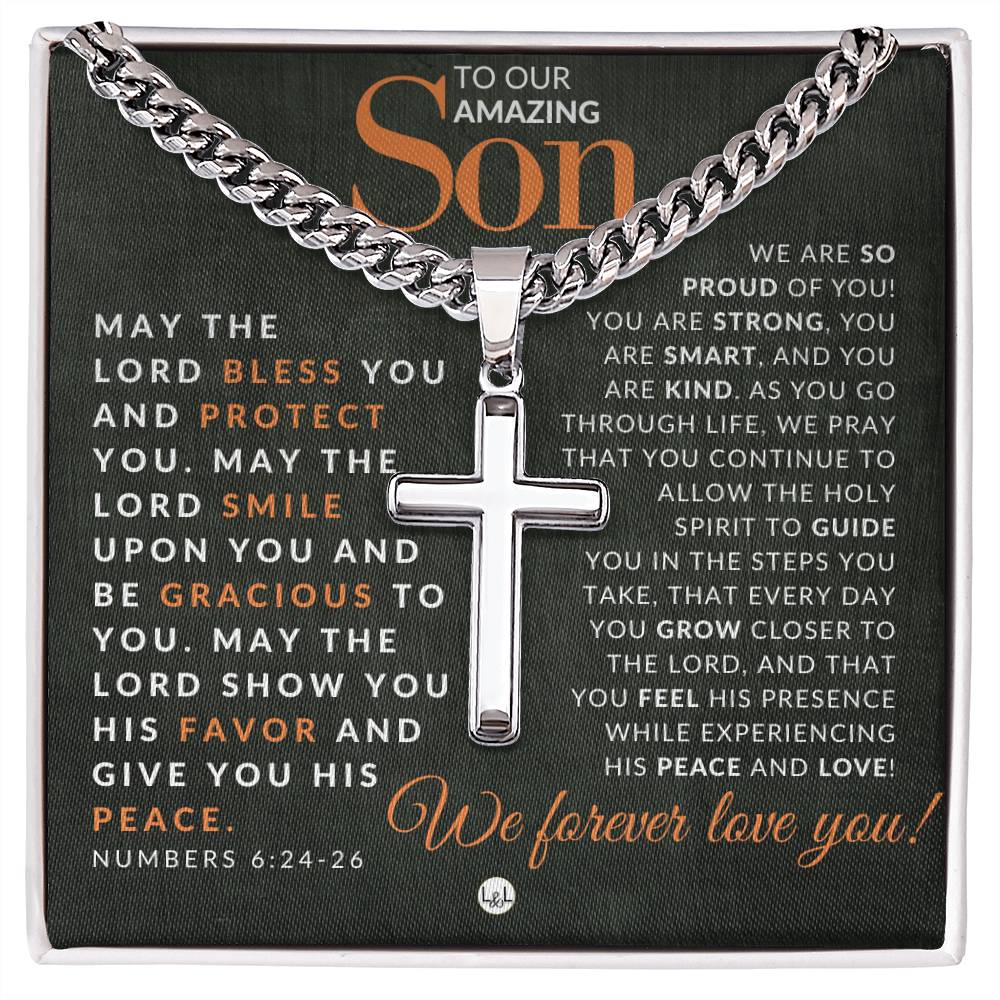 Gift For Our Son - Numbers 6:24 - 26 - Christian Encouragement - Christian Cross Pendant on Men's Chain Necklace - Great for Christmas, His Birthday, Baptism or Confirmation