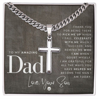 Engravable Christian Cross Necklace - Gift To Dad, From Son - Liliana and Liam