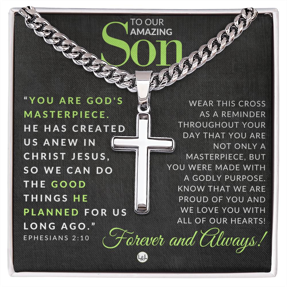 Ephesians 2:10 - Christian Cross Pendant Necklace - Gift For Our Son - Liliana and Liam