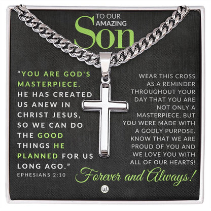 Ephesians 2:10 - Christian Cross Pendant Necklace - Gift For Our Son - Liliana and Liam