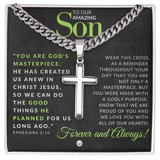 Gift For Our Son - Ephesians 2:10 - Christian Encouragement - Christian Cross Pendant on Men's Chain Necklace - Great for Christmas, His Birthday,  Baptism or Confirmation