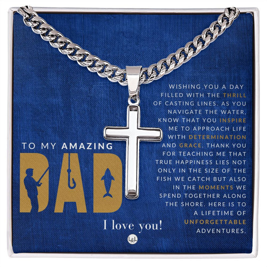 Gift For Your Fishing Dad - Men's Chain with Engravable Cross Necklace - Christian Jewelry For Dad For Father's Day, Christmas or His Birthday