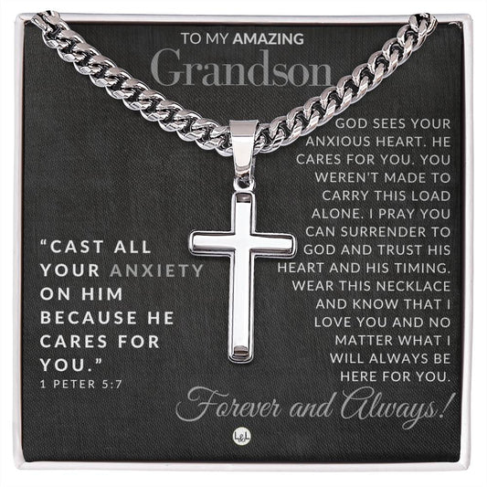 Grandson Gift - 1 Peter 5:7 - Christian Encouragement - Christian Cross Pendant on Men's Chain Necklace - Great for Christmas, His Birthday,  Baptism or Confirmation