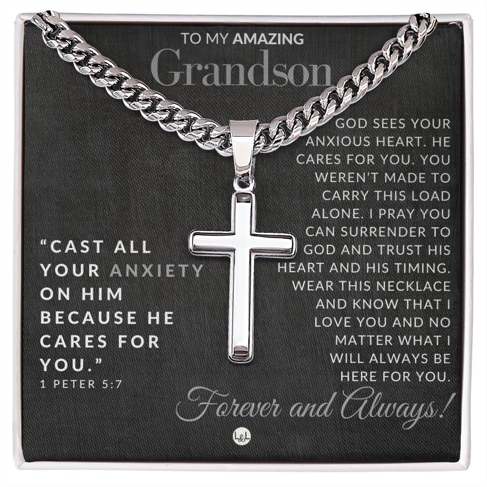 1 Peter 5:7 - Christian Cross Pendant Necklace - Gift For Grandson - Liliana and Liam