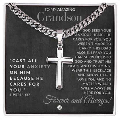 1 Peter 5:7 - Christian Cross Pendant Necklace - Gift For Grandson - Liliana and Liam