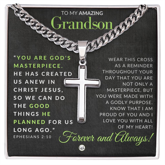 Grandson Gift - Ephesians 2:10 - Christian Encouragement - Christian Cross Pendant on Men's Chain Necklace - Great for Christmas, His Birthday,  Baptism or Confirmation