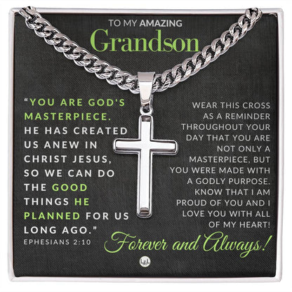 Ephesians 2:10 - Christian Cross Pendant Necklace - Gift For Grandson - Liliana and Liam