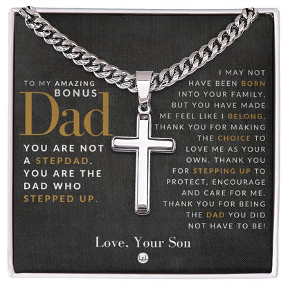 Bonus Dad, From Son - Engravable Christian Cross Necklace - Liliana and Liam