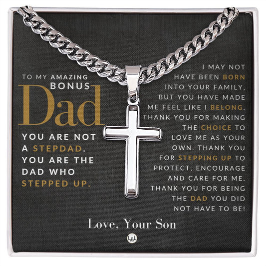 Gift For Bonus Dad, From Son - Men's Chain with Engravable Cross Necklace - Christian Jewelry For Dad For Father's Day, Christmas or His Birthday