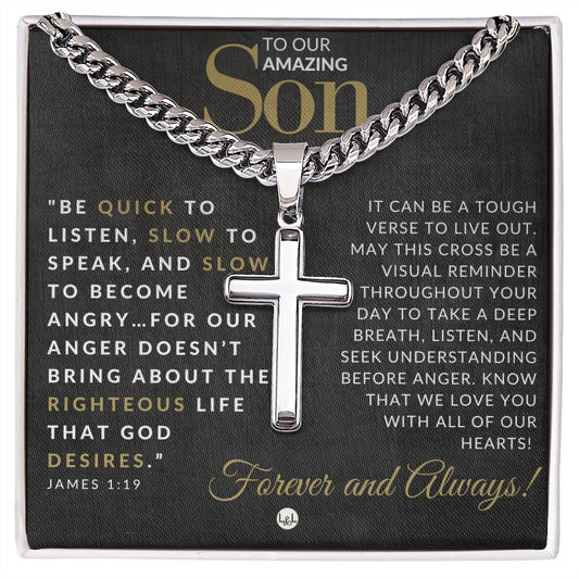 Gift For Our Son - James 1:19 - Christian Encouragement - Christian Cross Pendant on Men's Chain Necklace - Great for Christmas, His Birthday,  Baptism or Confirmation