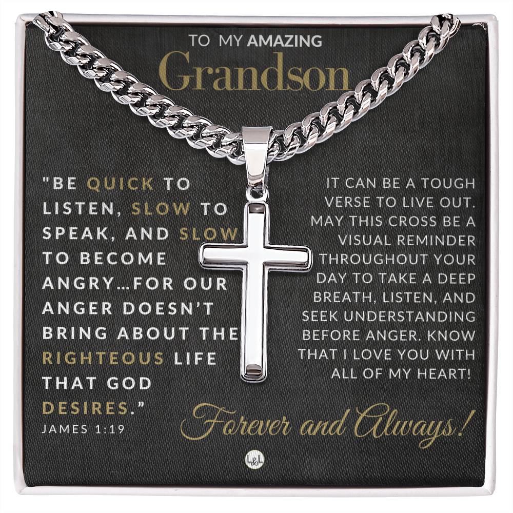 James 1:19 - Christian Cross Pendant Necklace - Gift For Grandson - Liliana and Liam