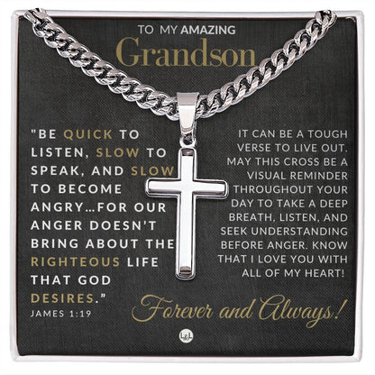 James 1:19 - Christian Cross Pendant Necklace - Gift For Grandson - Liliana and Liam