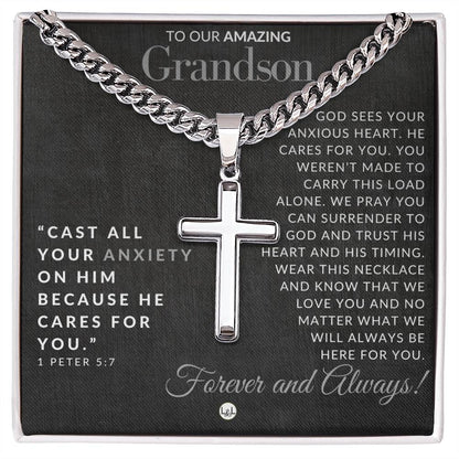 1 Peter 5:7 - Christian Cross Pendant Necklace - Gift For Our Grandson - Liliana and Liam