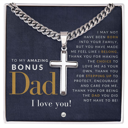 Bonus Dad - Cuban Chain with Artisan Cross Necklace - Gift for Step (Bonus) Dad - Liliana and Liam
