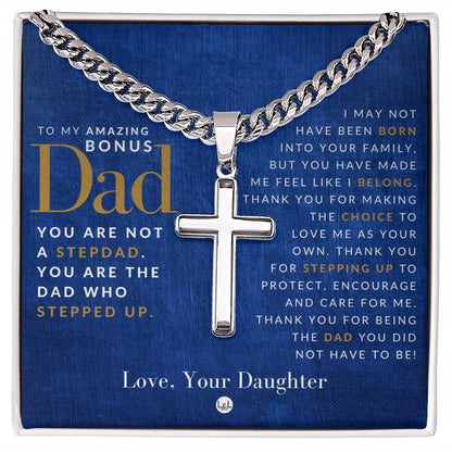 Bonus Dad, From Daughter - Engravable Christian Cross Necklace - Liliana and Liam