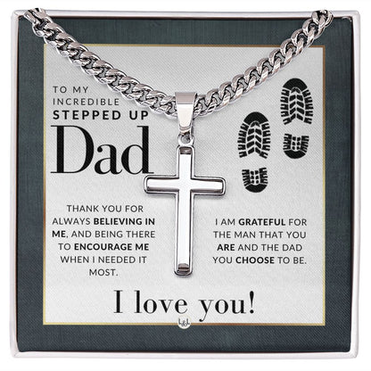 Stepped Up Dad - Cuban Chain with Artisan Cross Necklace - Gift for Step (Bonus) Dad - Liliana and Liam