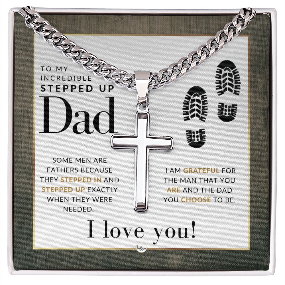 Engravable Christian Cross Necklace - Gift For Stepped Up Dad - Liliana and Liam