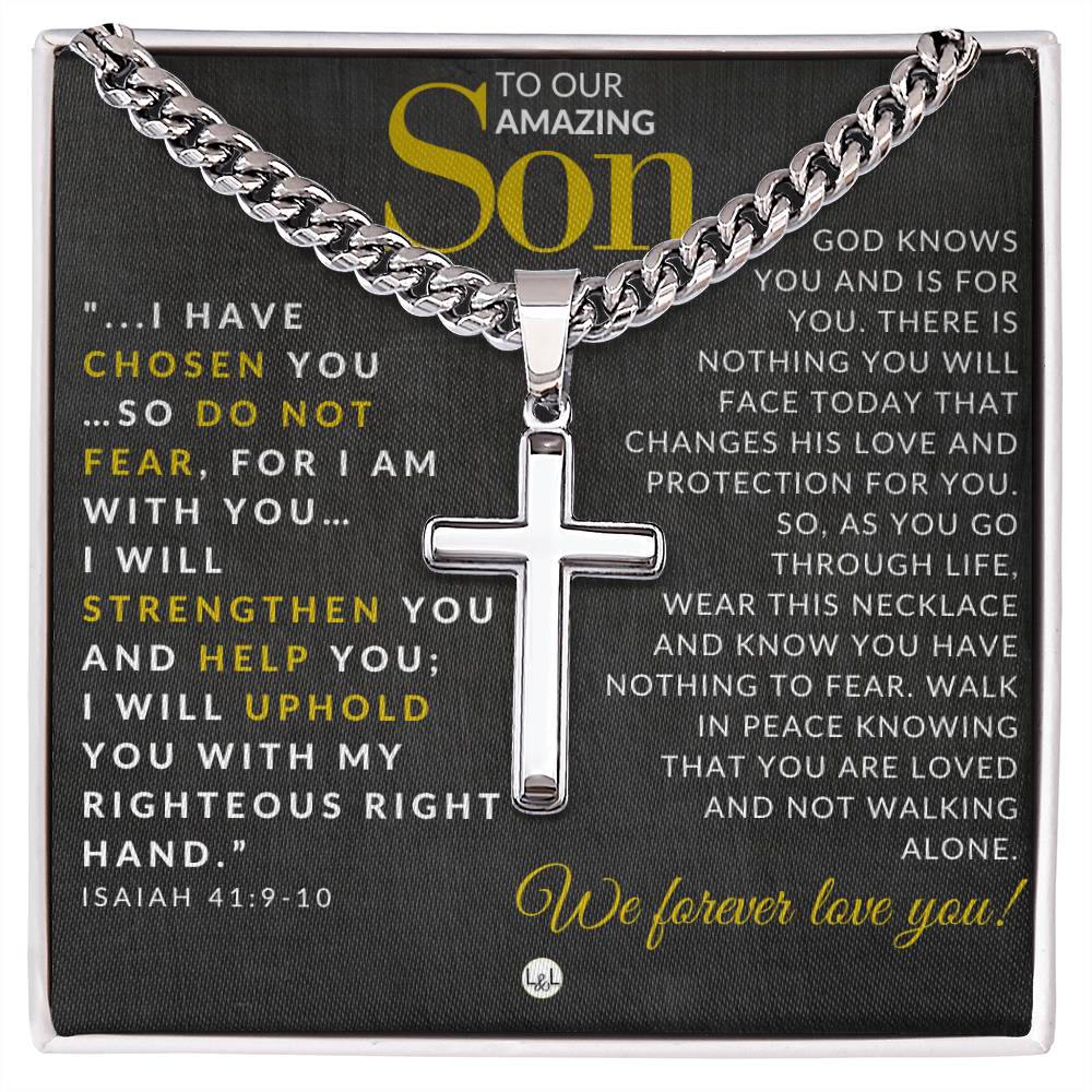 Isaiah 41:9 - 10 - Christian Cross Pendant Necklace - Gift For Our Son - Liliana and Liam
