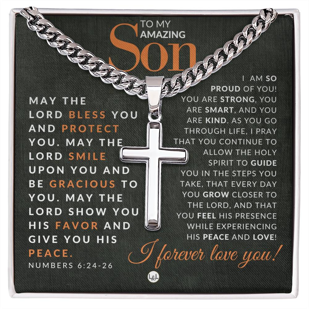 Son Gift - Numbers 6:24 - 26 - Christian Encouragement - Christian Cross Pendant on Men's Chain Necklace - Great for Christmas, His Birthday, Baptism or Confirmation