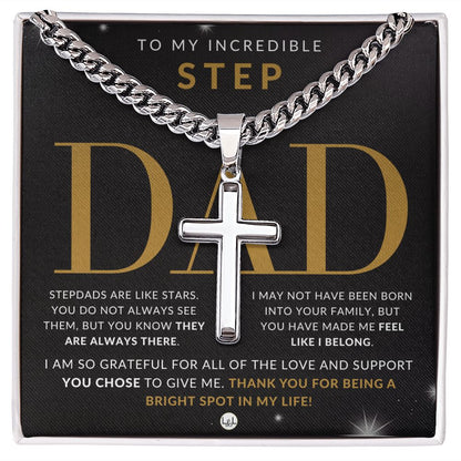 Step Dad - Bonus Dad Gift - Cuban Chain with Artisan Cross Necklace - Liliana and Liam