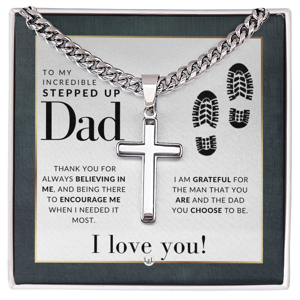 Engravable Christian Cross Necklace - Gift For Stepped Up Dad - Liliana and Liam
