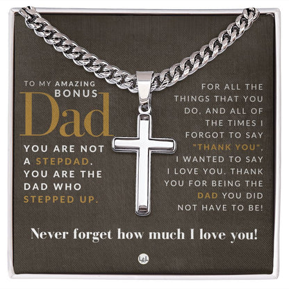Bonus Dad, From Daughter - Engravable Christian Cross Necklace - Liliana and Liam