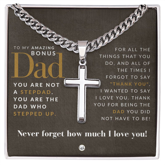 Great Gift For Bonus Dad, From Daughter - Men's Chain with Engravable Cross Necklace - Christian Jewelry For Dad For Father's Day, Christmas or His Birthday