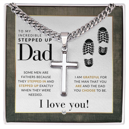 Stepped Up Dad Necklace - Cuban Chain with Artisan Cross Necklace - Gift for Step (Bonus) Dad - Liliana and Liam