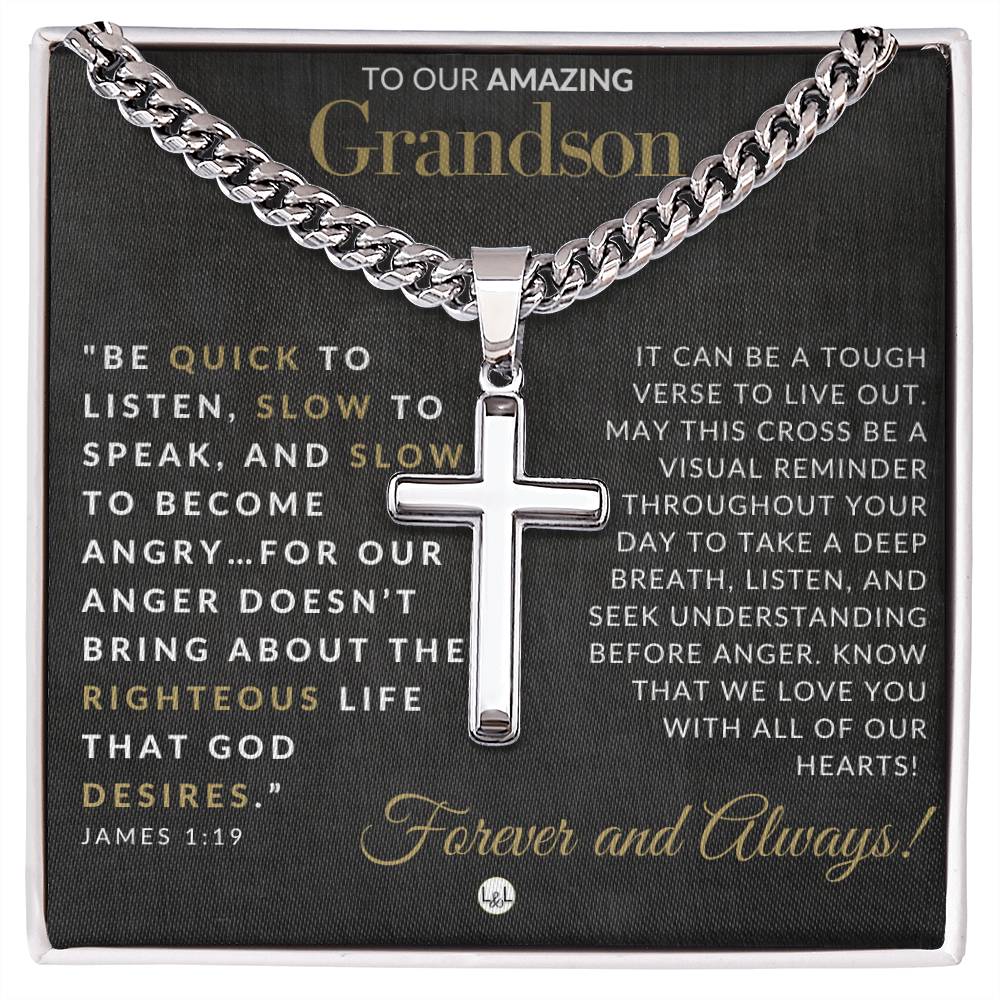 James 1:19 - Christian Cross Pendant Necklace - Gift For Our Grandson - Liliana and Liam
