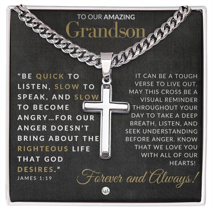 James 1:19 - Christian Cross Pendant Necklace - Gift For Our Grandson - Liliana and Liam