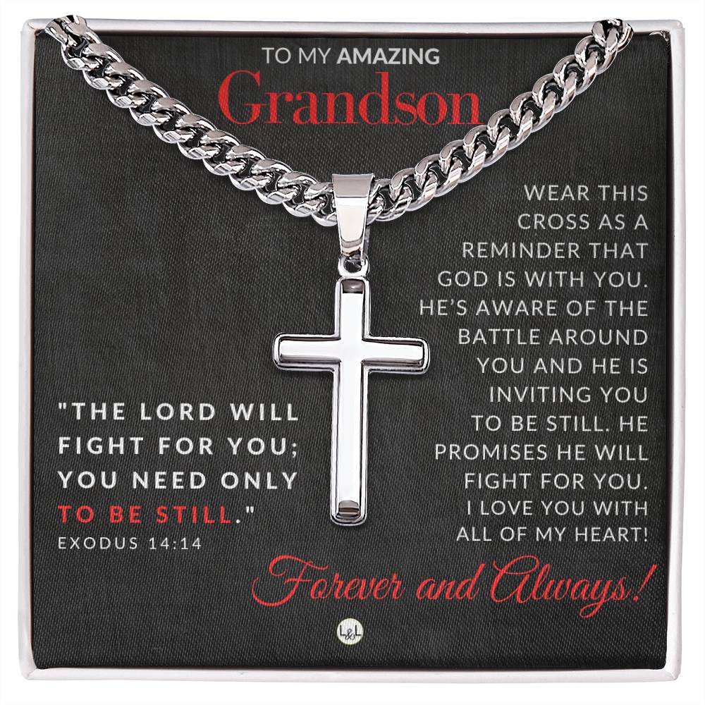 Exodus 14:14 - Christian Cross Pendant Necklace - Gift For Grandson - Liliana and Liam