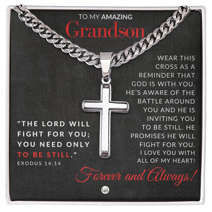 Exodus 14:14 - Christian Cross Pendant Necklace - Gift For Grandson - Liliana and Liam