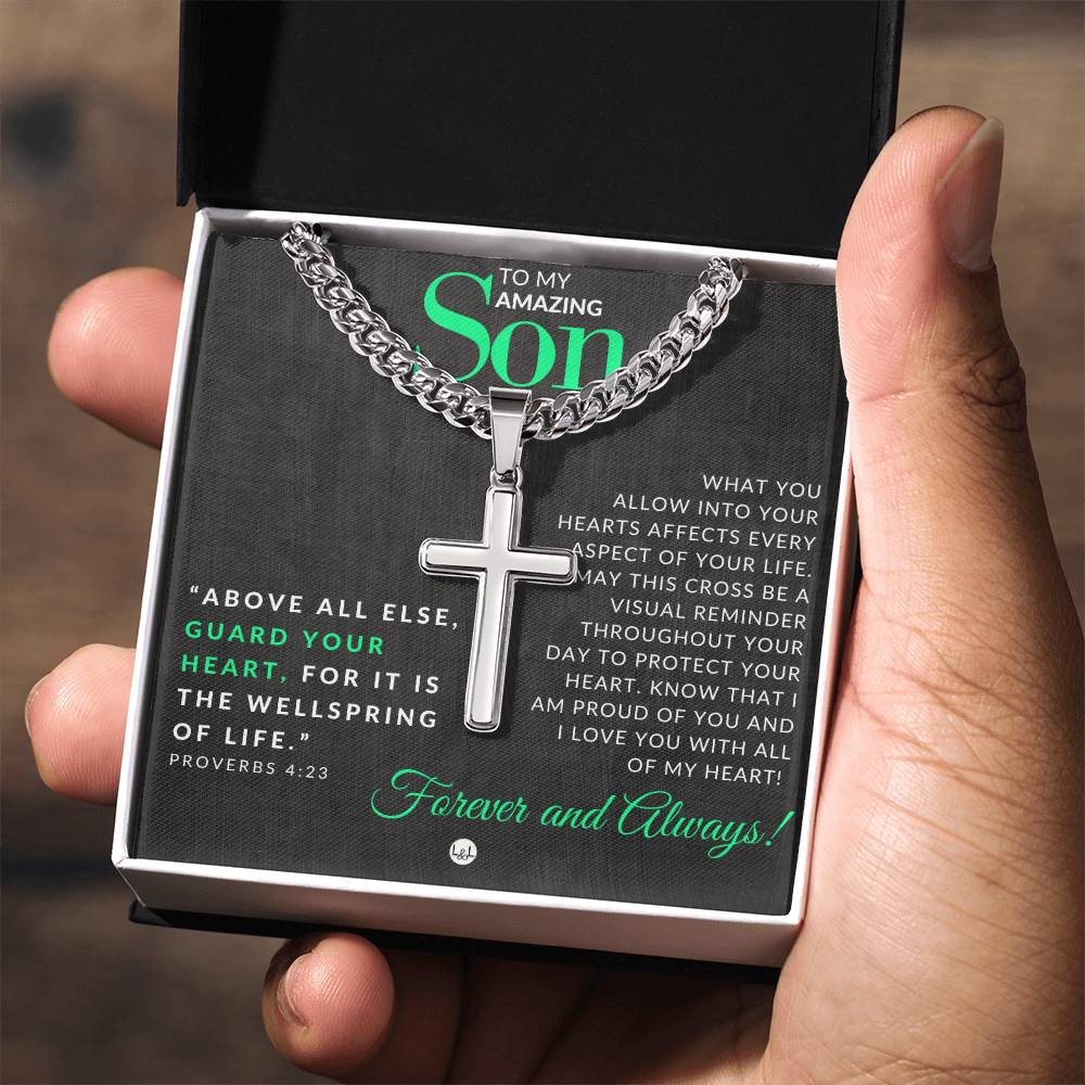 Son Gift - Proverbs 4:23 - Christian Encouragement - Christian Cross Pendant on Men's Chain Necklace - Great for Christmas, His Birthday, Baptism or Confirmation