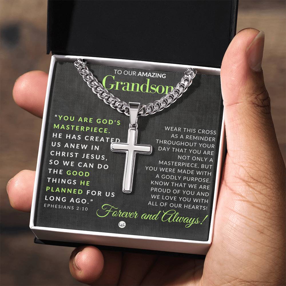 Gift For Our Grandson - Ephesians 2:10 - Christian Encouragement - Christian Cross Pendant on Men's Chain Necklace - Great for Christmas, His Birthday, Baptism or Confirmation