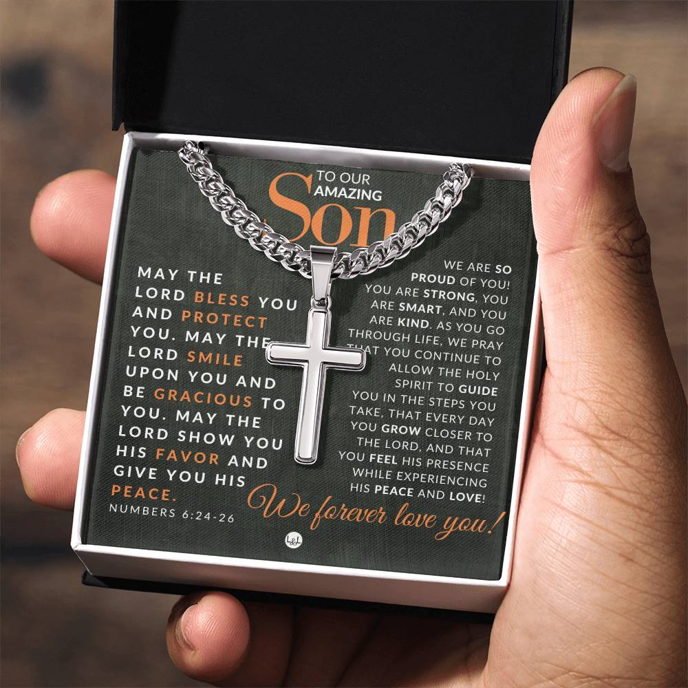 Gift For Our Son - Numbers 6:24 - 26 - Christian Encouragement - Christian Cross Pendant on Men's Chain Necklace - Great for Christmas, His Birthday, Baptism or Confirmation