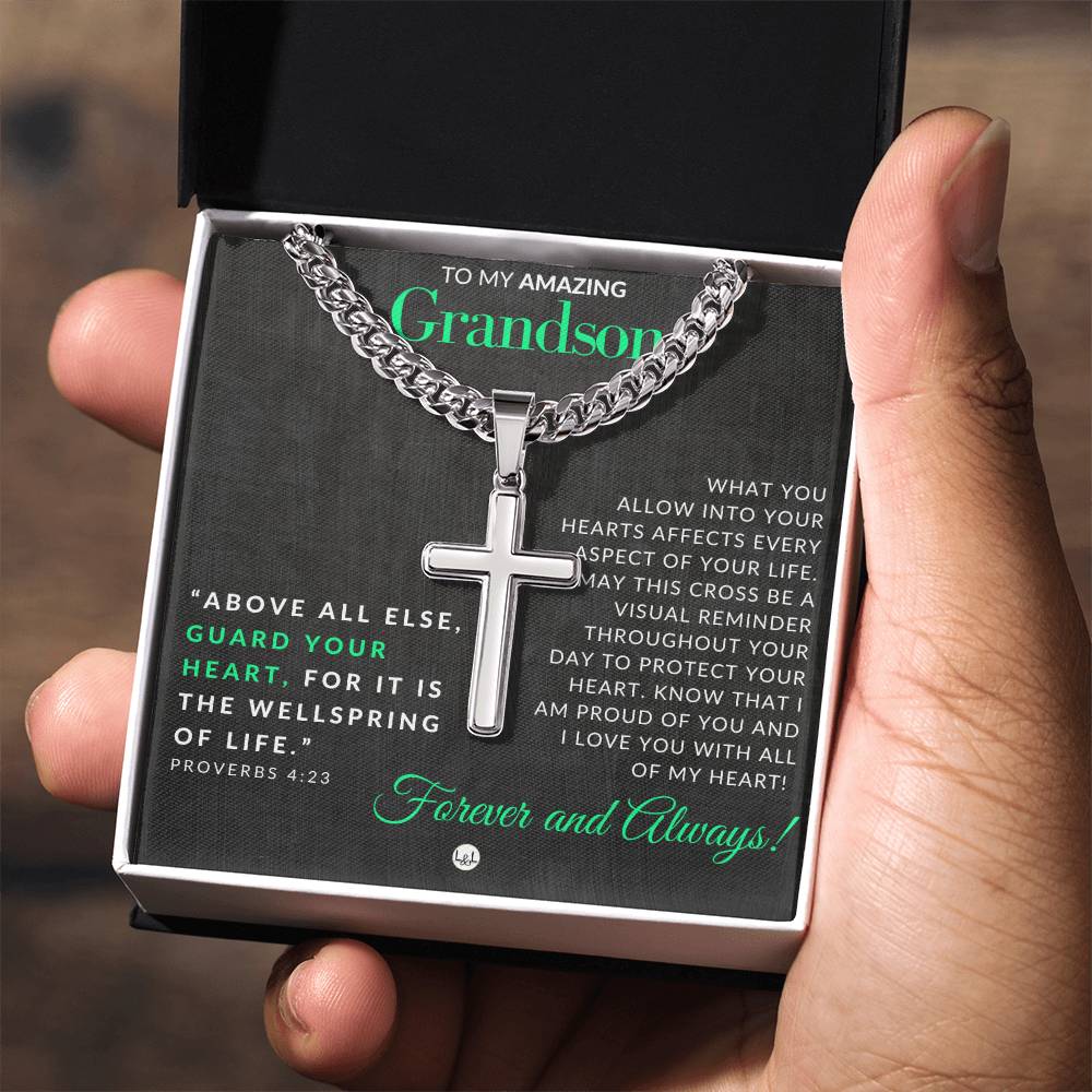Grandson Gift - Proverbs 4:23 - Christian Encouragement - Christian Cross Pendant on Men's Chain Necklace - Great for Christmas, His Birthday, Baptism or Confirmation