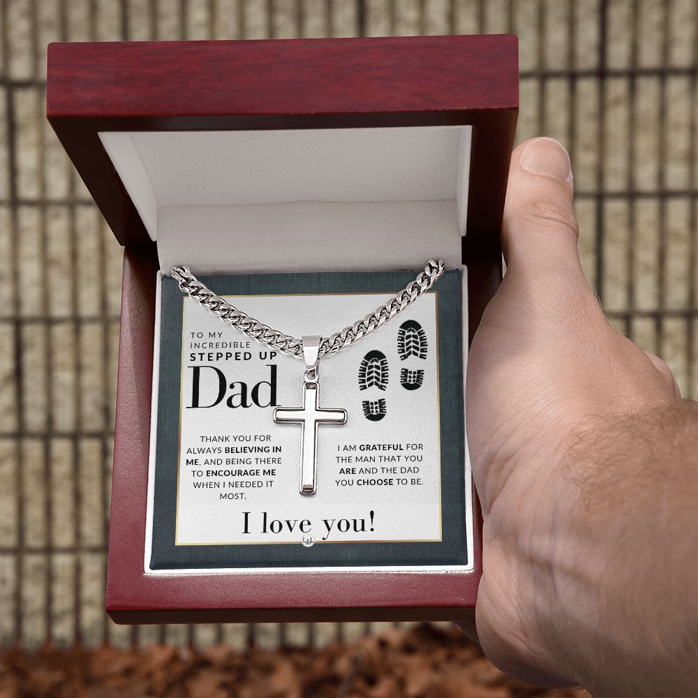 Stepped Up Dad Gift - Step Dad Gift - Bonus Dad Gift - Cuban Chain with Artisan Cross Necklace - Christian Jewelry For Him For Father's Day, Christmas or His Birthday