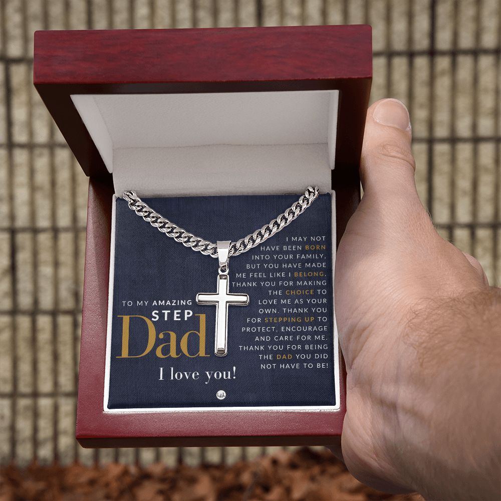 Step Dad Present - Step Dad Gift - Bonus Dad Gift - Cuban Chain with Artisan Cross Necklace - Christian Jewelry For Him For Father's Day, Christmas or His Birthday