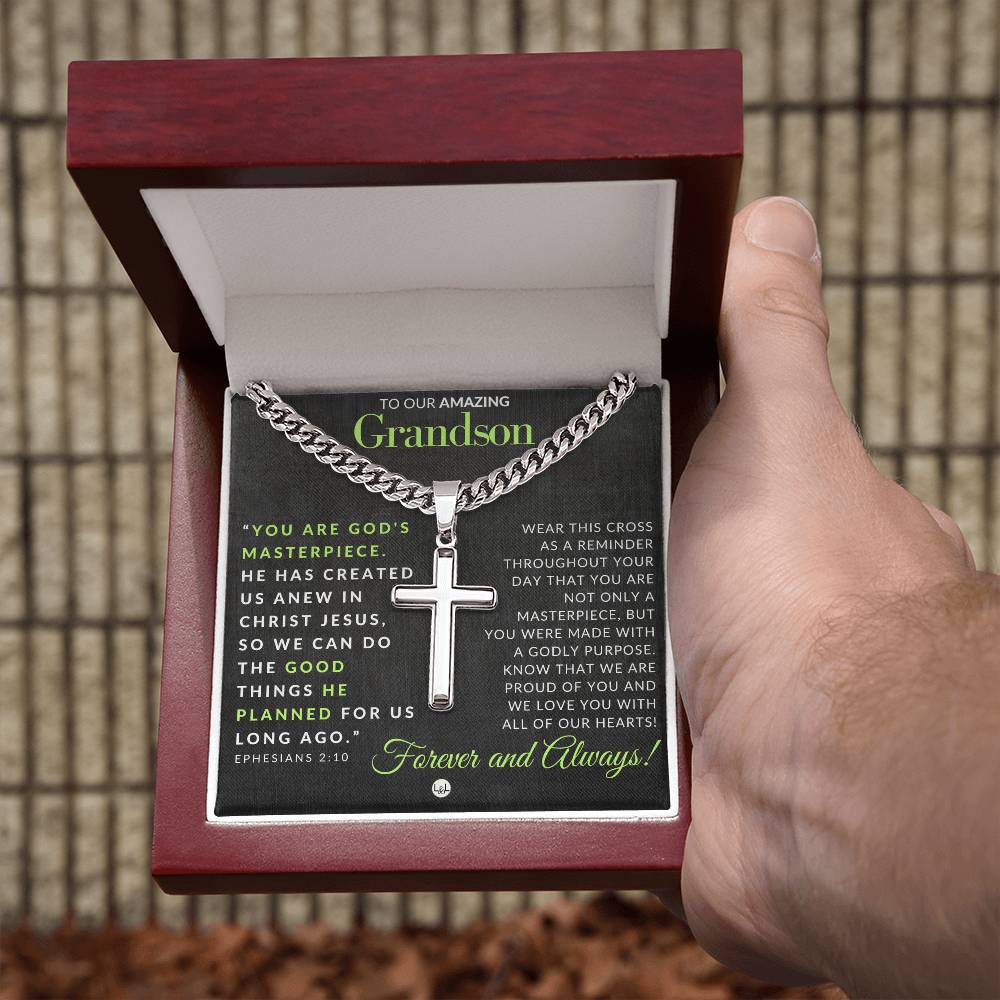Gift For Our Grandson - Ephesians 2:10 - Christian Encouragement - Christian Cross Pendant on Men's Chain Necklace - Great for Christmas, His Birthday, Baptism or Confirmation