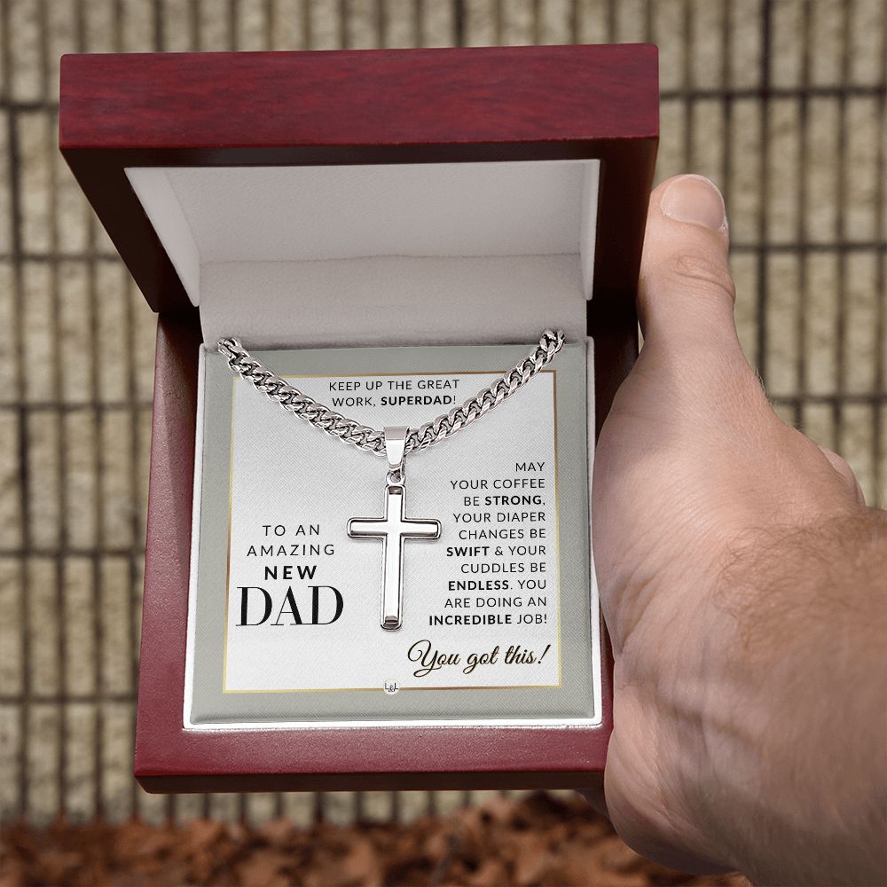 New Dad Gift - Men's Chain with Engravable Cross Necklace - Christian Jewelry For New Dad For Father's Day, Christmas or His Birthday