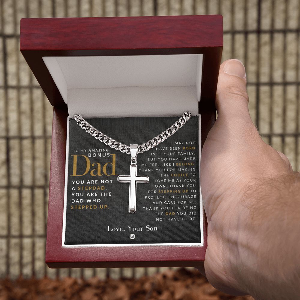 Gift For Bonus Dad, From Son - Step Dad Gift - Bonus Dad Gift - Cuban Chain with Artisan Cross Necklace - Christian Jewelry For Him For Father's Day, Christmas or His Birthday