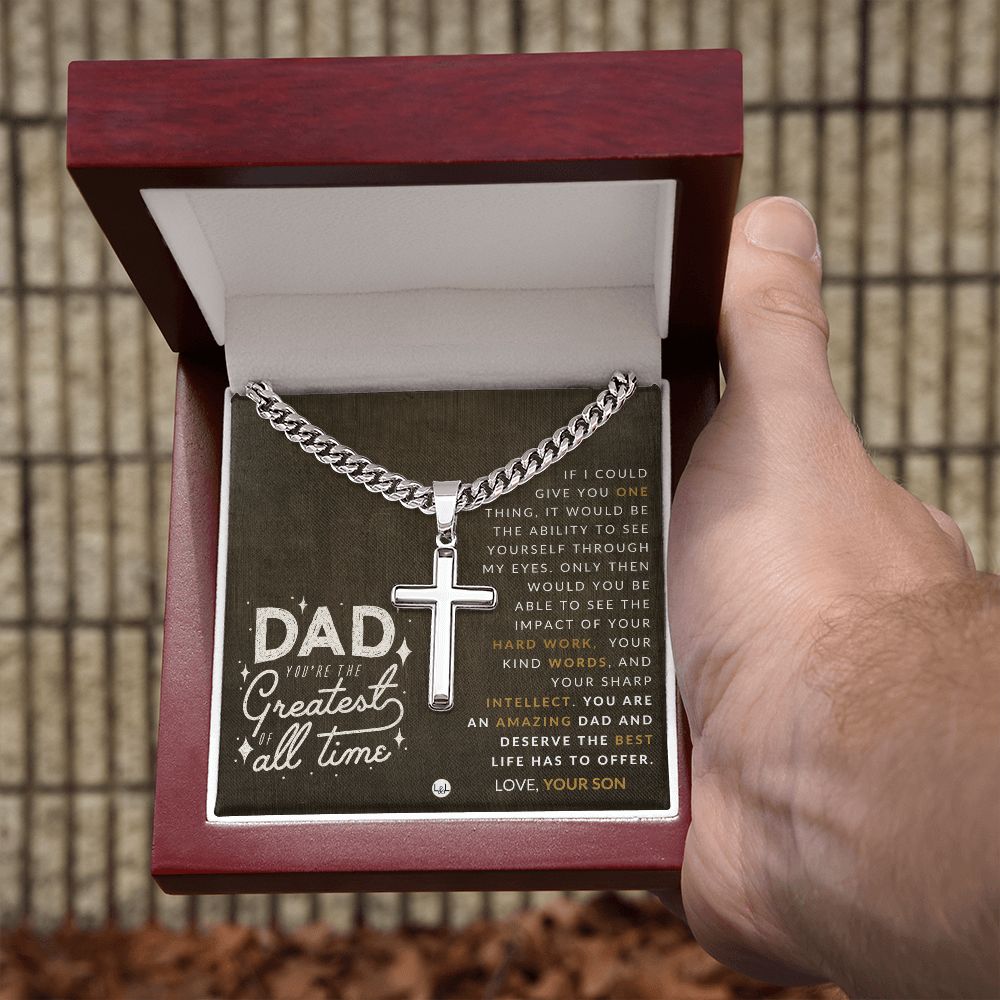 Perfect Gift For Dad, From Son - Men's Chain with Engravable Cross Necklace - Christian Jewelry For Dad For Father's Day, Christmas or His Birthday