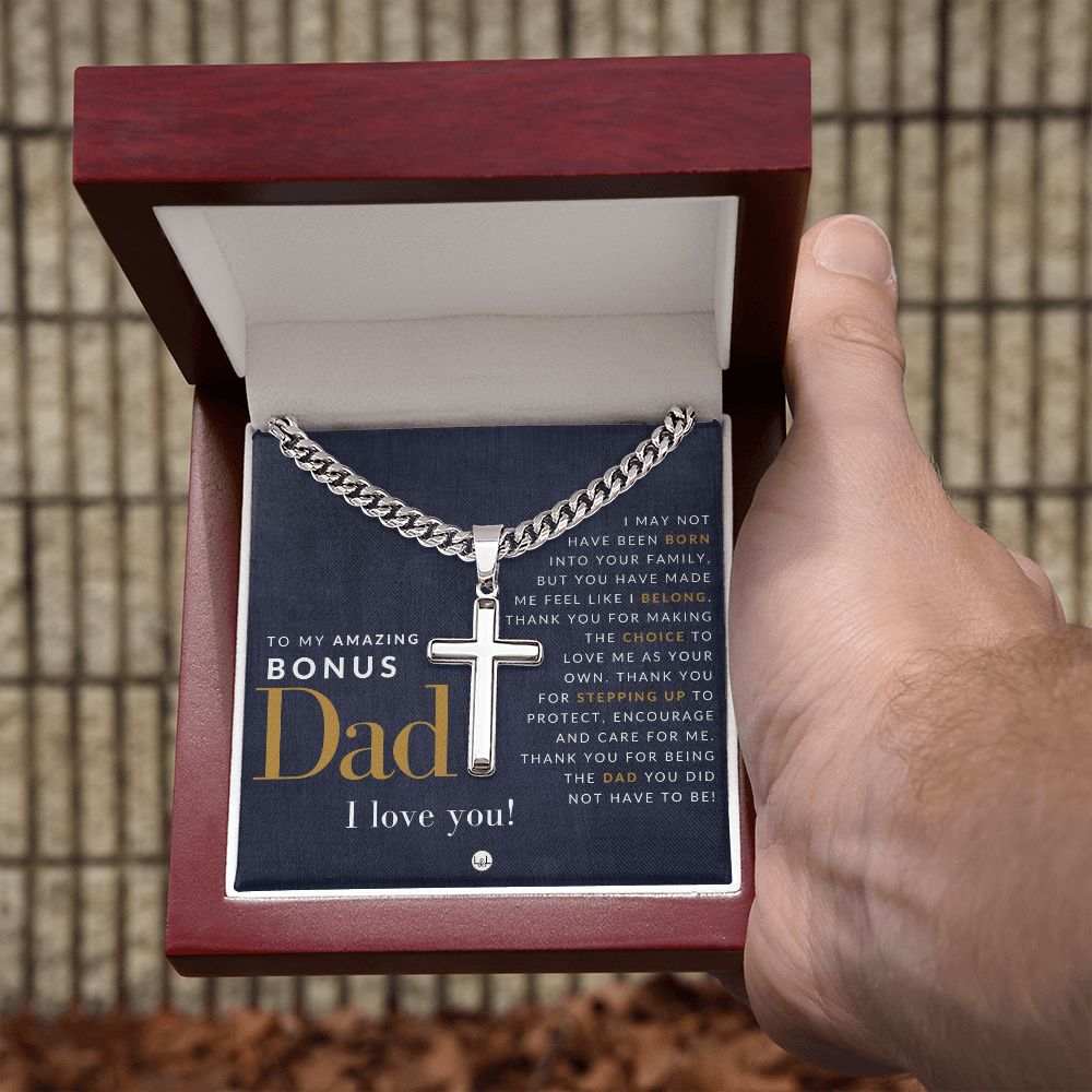Gift For Bonus Dad - Step Dad Gift - Bonus Dad Gift - Cuban Chain with Artisan Cross Necklace - Christian Jewelry For Him For Father's Day, Christmas or His Birthday