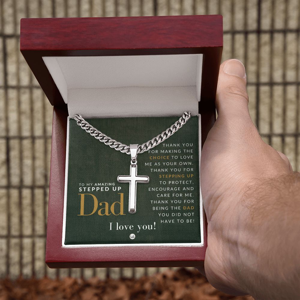 Gift For Your Step Dad - Bonus Dad Gift - Cuban Chain with Artisan Cross Necklace - Christian Jewelry For Him For Father's Day, Christmas or His Birthday