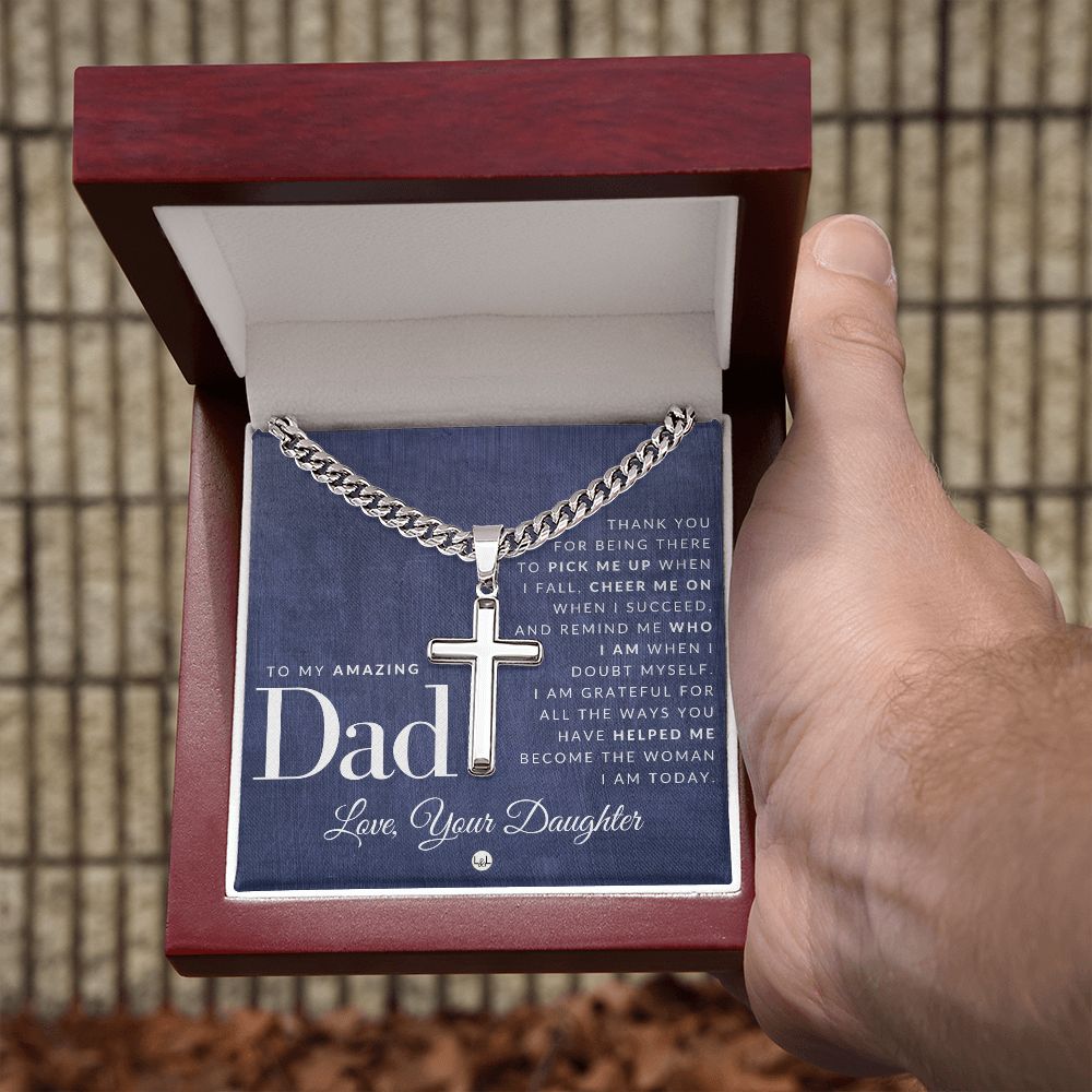 To Dad, From Daughter - Men's Chain with Engravable Cross Necklace - Christian Jewelry For Dad For Father's Day, Christmas or His Birthday