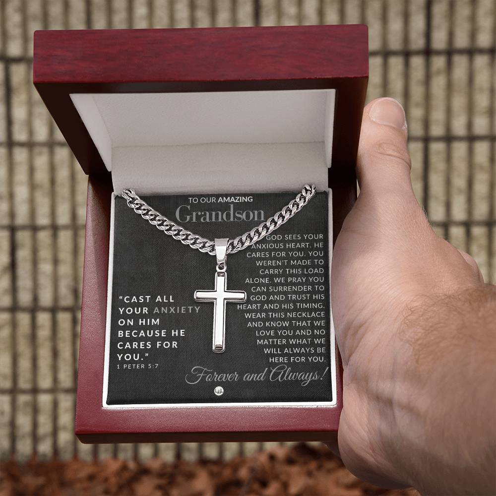 Gift For Our Grandson - 1 Peter 5:7 - Christian Encouragement - Christian Cross Pendant on Men's Chain Necklace - Great for Christmas, His Birthday, Baptism or Confirmation