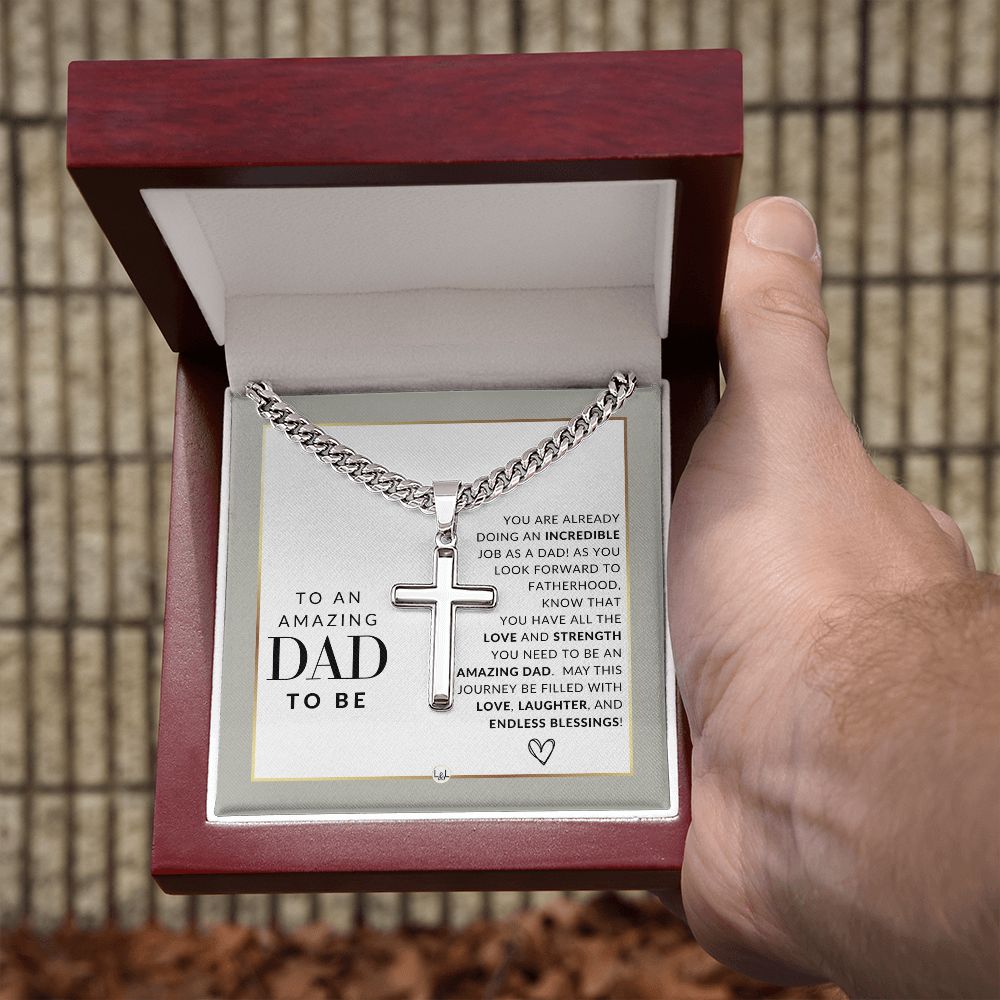 Future or Dad To Be Gift - Men's Chain with Engravable Cross Necklace - Christian Jewelry For Expecting Dad For Father's Day, Christmas or His Birthday