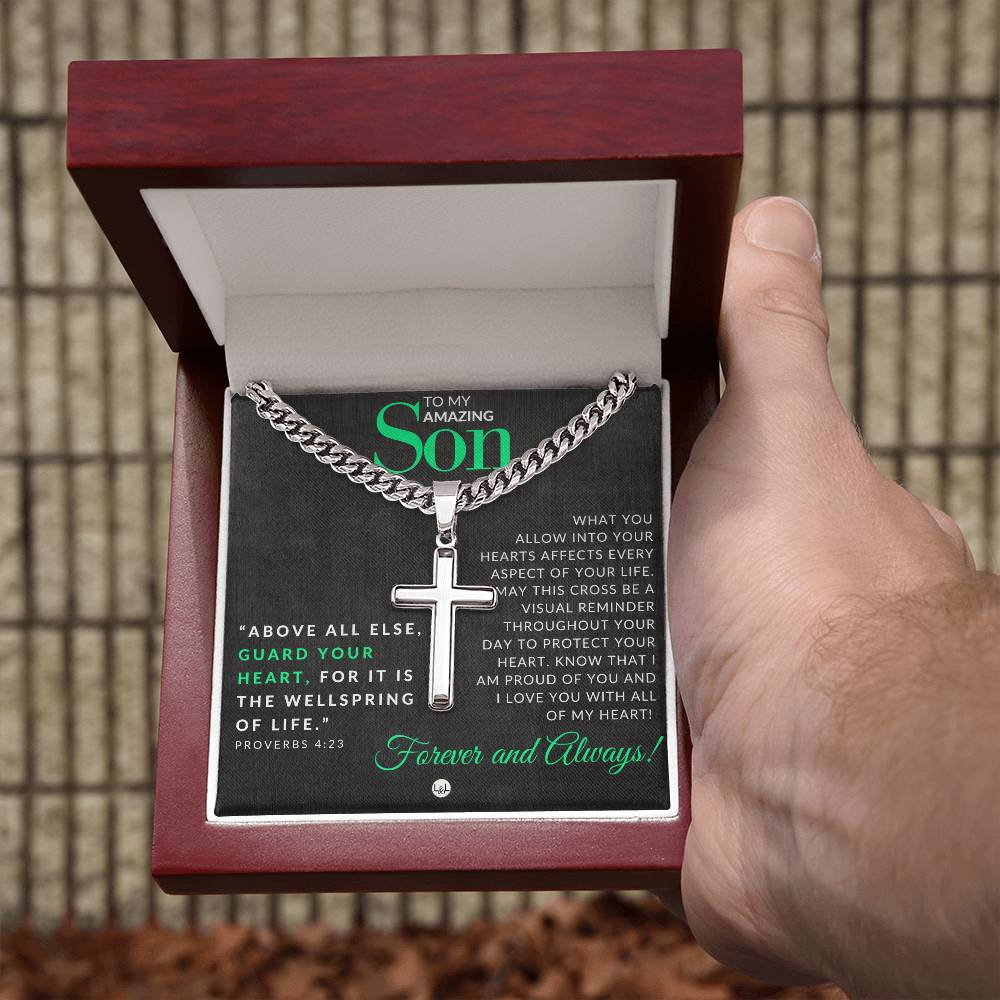 Son Gift - Proverbs 4:23 - Christian Encouragement - Christian Cross Pendant on Men's Chain Necklace - Great for Christmas, His Birthday, Baptism or Confirmation